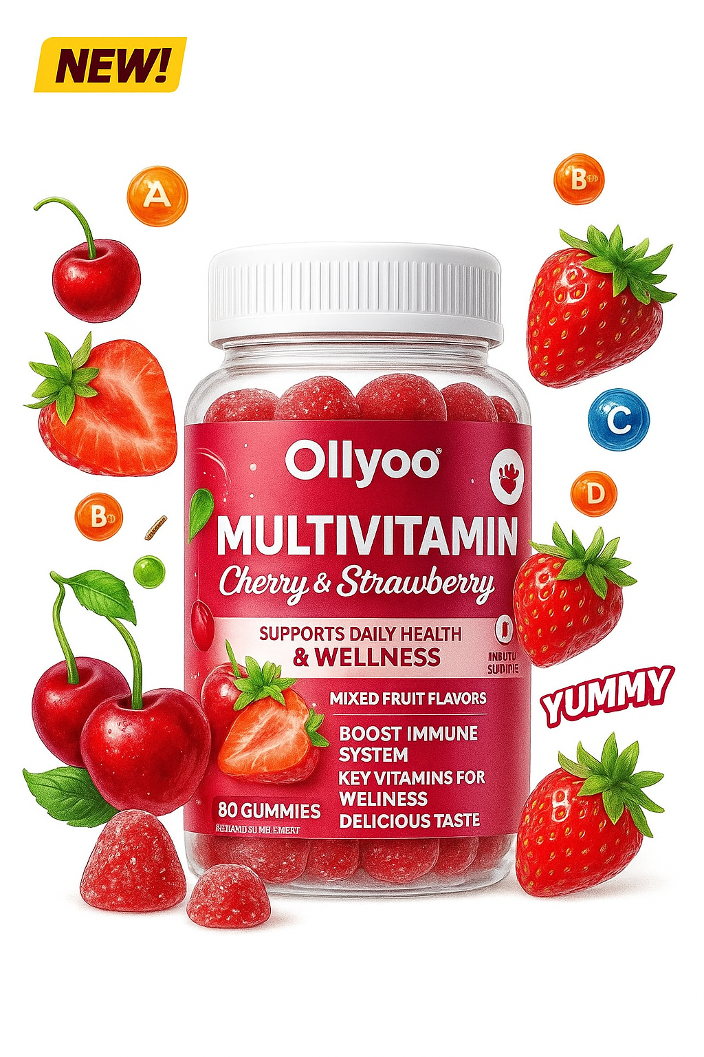 Ollyoo Multivitamin Gummies for Adults – Cherry & Strawberry Flavor – Great Source of Vitamin A & Essential Nutrients – Supports Overall Health – 60 Count