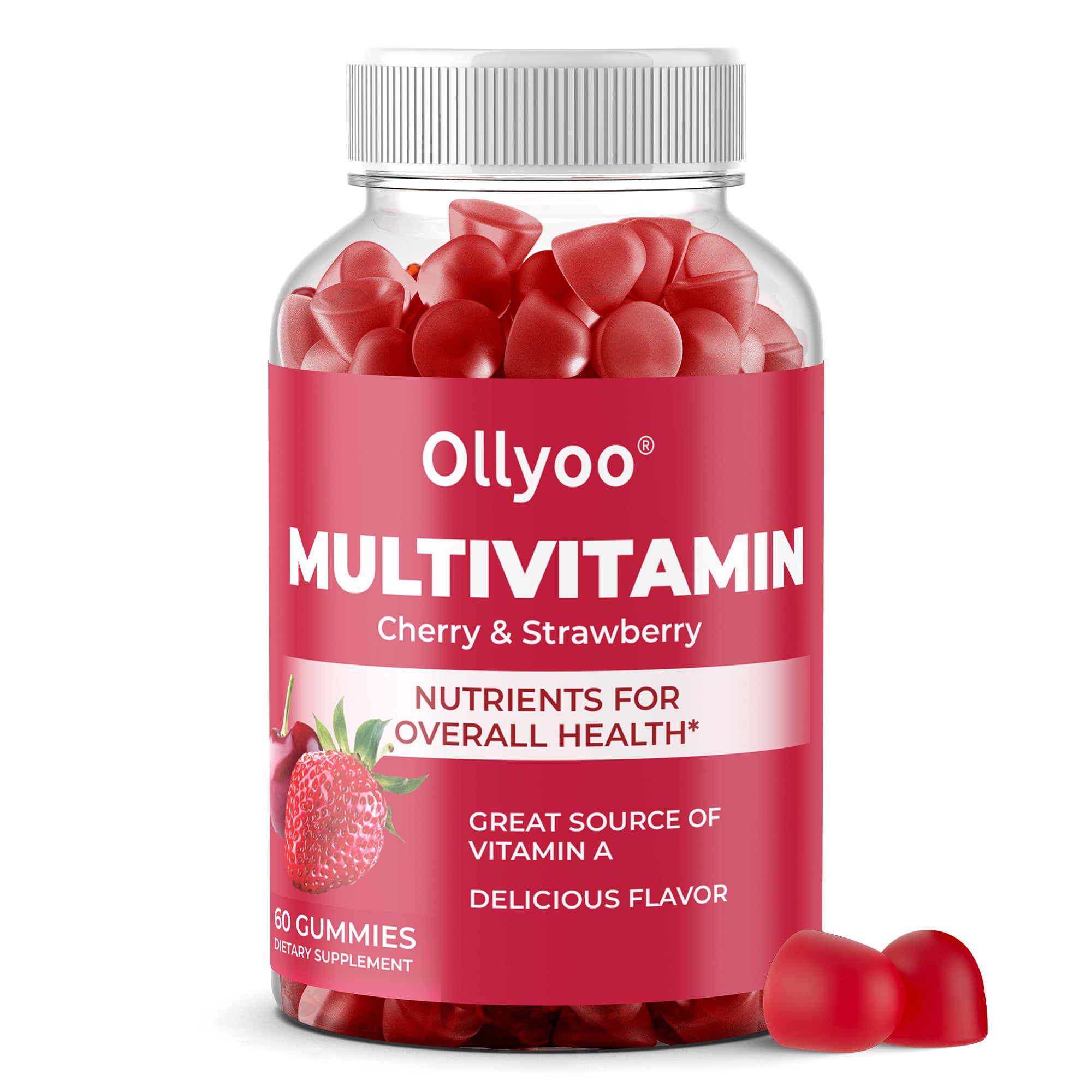 Ollyoo Multivitamin Gummies for Adults – Cherry & Strawberry Flavor – Great Source of Vitamin A & Essential Nutrients – Supports Overall Health – 60 Count
